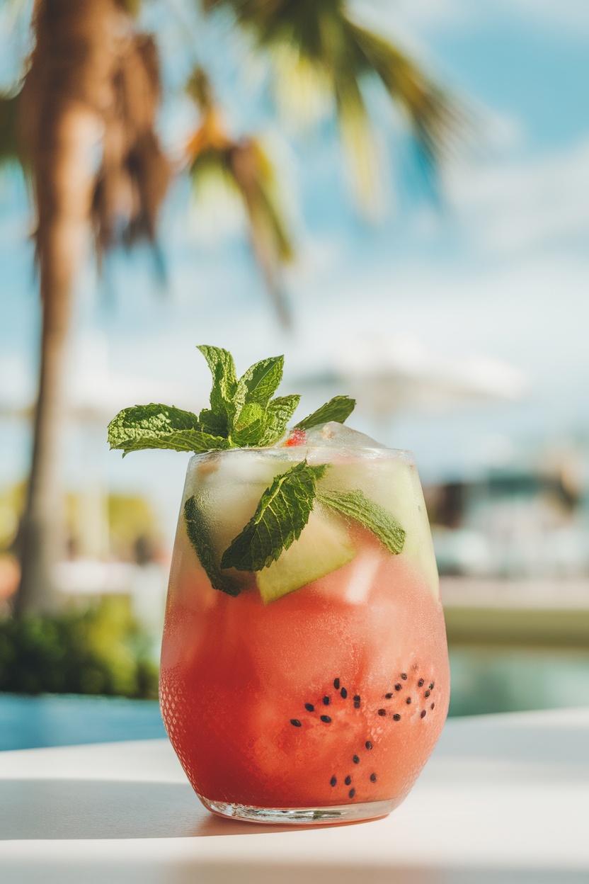 A cool glass of Melon Palamig with watermelon and honeydew, garnished with mint, on a sunny patio.